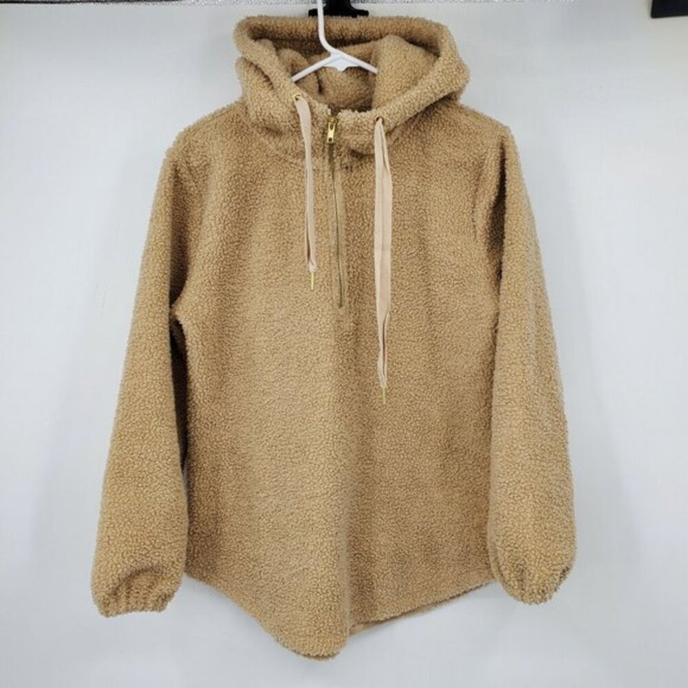 Loft Ann Taylor Brown Teddy Sherpa Quarter Zip Hooded Pullover Small Cozy Fuzzy